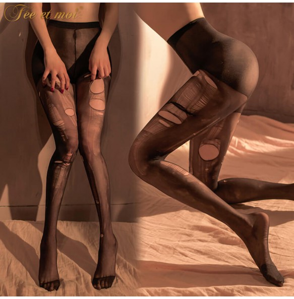 FEE ET MOI Ultra-Thin Ripped Stockings Sexy Pantyhose (Black)